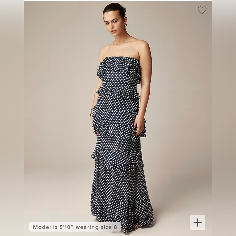 Jcrew long maxi polka dot ruffle strapless dress